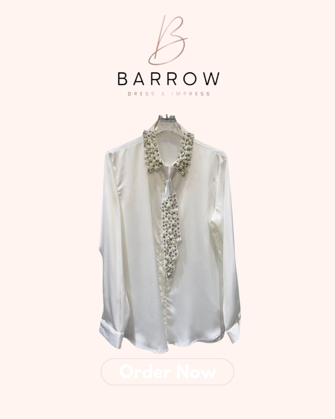 White Silk Shirt with Pearl Tie