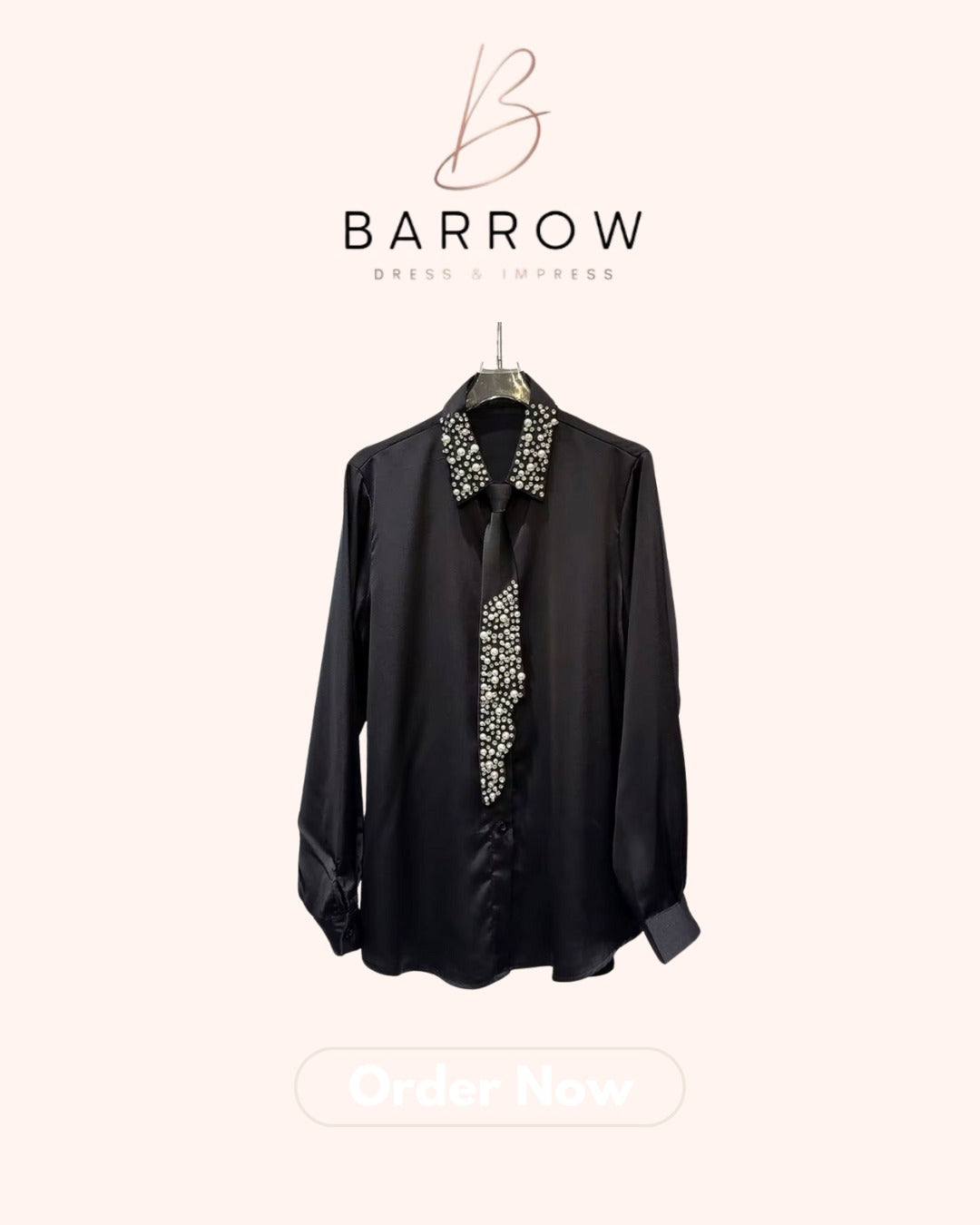 Black Silk Shirt with Pearl Tie